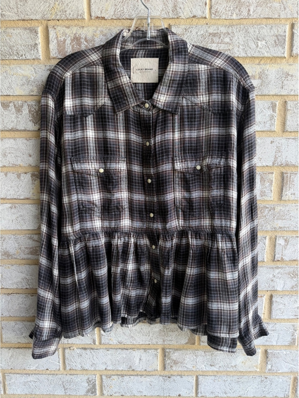 Lucky Brand Long Sleeve Pearl Snap Button Up Tiered Plaid Shirt Women's Size L